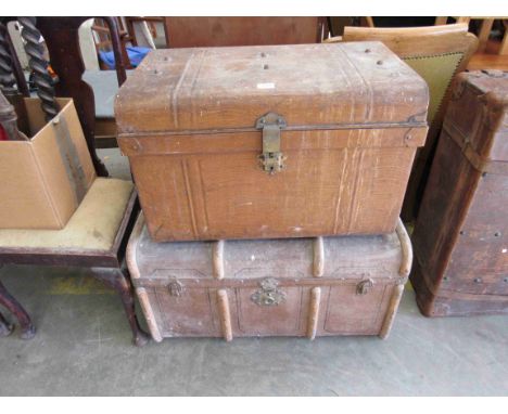 A Victorian canvas covered travel case and a tin trunk 