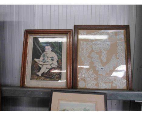 A Victorian maple framed print of the little scholar and an oak framed lace-work hall hanging 