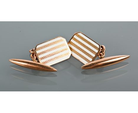 PAIR OF NINE CARAT GOLD ENAMELLED CUFFLINKS
with striped white enamel, marked 9ct, 4.5g gross