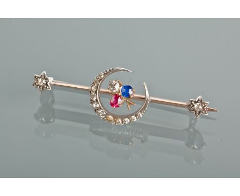 EDWARDIAN DIAMOND, SAPPHIRE AND PEARL CRESCENT MOTIF BAR BROOCH
the crescent set with old brilliant cut diamonds with clover 