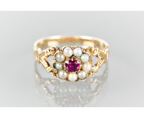 LATE EIGHTEENTH CENTURY RED GEM AND PEARL RING
the bezel set with a central red gem surrounded by pearls, on ornate bifurcate