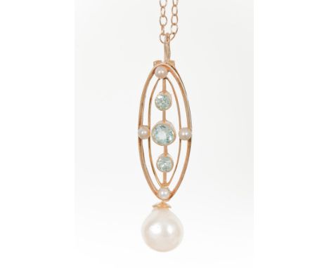 EDWARDIAN AQUAMARINE AND PEARL PENDANT
of elliptical form, set with three round aquamarines and two pearls, with a larger pea