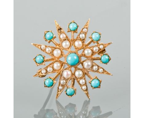 TURQUOISE AND SEED PEARL STAR BROOCH
set with round turquoise and seed pearls, hallmarked for nine carat gold
