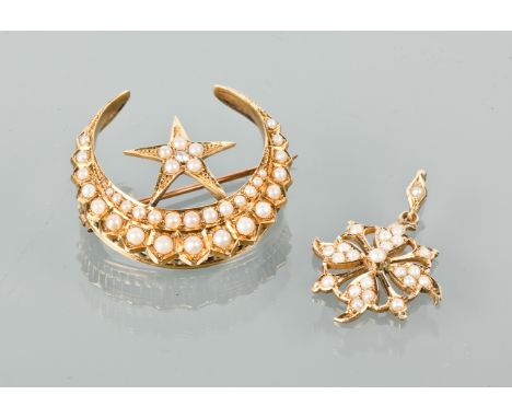EDWARDIAN SEED PEARL BROOCH
the brooch in the form of a crescent with star, set with a single diamond, approximately 30mm acr
