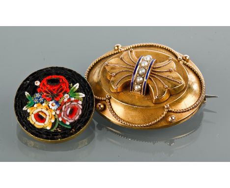 VICTORIAN SEED PEARL AND ENAMEL BROOCH
of oval form, with central section in proud relief and set vertically with a central r