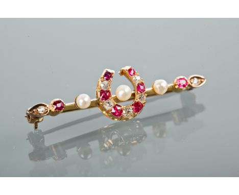 FINE VICTORIAN DIAMOND, RUBY AND PEARL HORSESHOE BROOCH
the central horseshoe motif set with alternating diamonds and rubies,