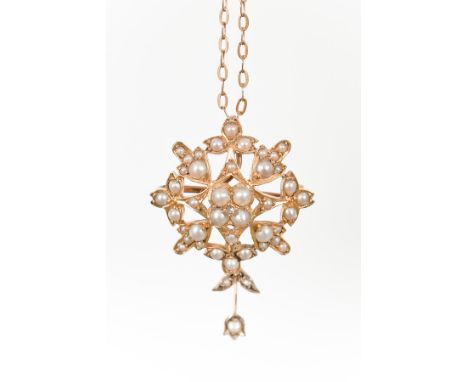 EDWARDIAN SEED PEARL AND DIAMOND PENDANT ON CHAIN
of circular open work form, set with pearls of two sizes and a single centr