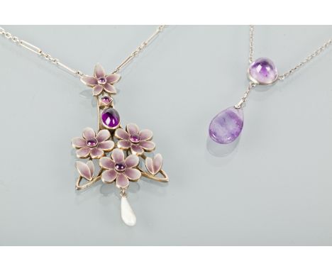 TWO EARLY TWENTIETH CENTURY AMETHYST PENDANTS
one of floral design, set with cabochon amethysts, and with a pearl drop, the o
