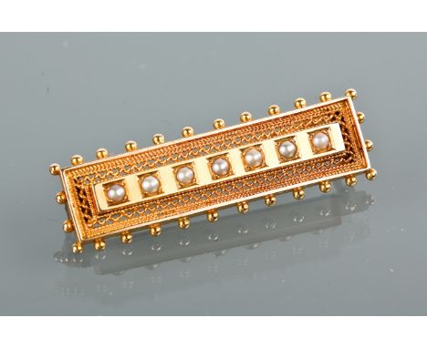 VICTORIAN SEED PEARL BAR BROOCH
of rectangular form, set with a row of split pearls and with a pierced border, unmarked, 5.6g