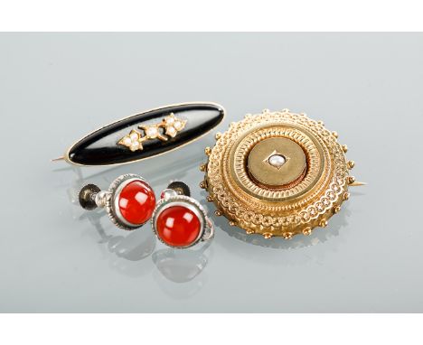 VICTORIAN FIFTEEN CARAT GOLD JET AND SEED PEARL MOURNING BROOCH
together with a Victorian seed pearl brooch and a pair of car