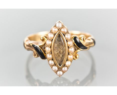 IMPRESSIVE VICTORIAN MOURNING RING
the marquise shaped bezel with crystal covered section of woven hair, surrounded by split 