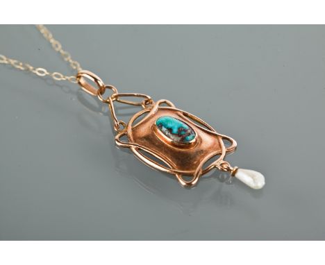 ART NOUVEAU TURQUOISE AND PEARL PENDANT
with a central oval turquoise, with a pear shaped pearl drop, marked for nine carat g