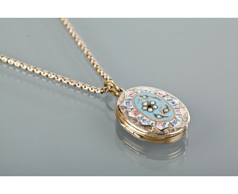 VICTORIAN ENAMEL AND SEED PEARL SET LOCKET ON CHAIN
the locket of oval form, with central enamel section with pearl set flora