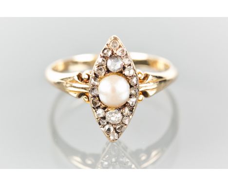 VICTORIAN PEARL AND DIAMOND CLUSTER RING
of marquise form, with a central pearl surrounded by rose cut diamonds, marked 18 fo