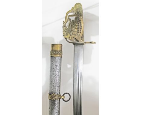 A cast brass handled sword with steel blade inscribed 'Edward Barnes', with steel scabbard, blade length 68cm.  