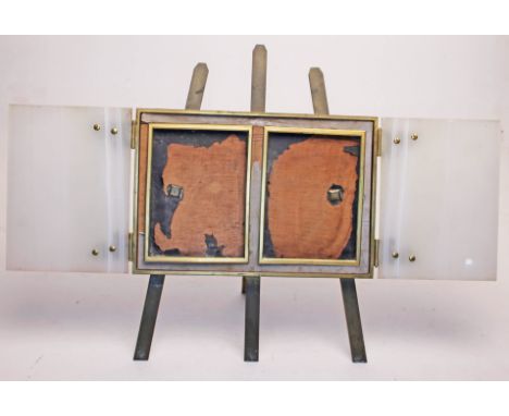 A late Victorian gilt brass and onyx photograph frame formed as an artist's easel, height 30cm.  