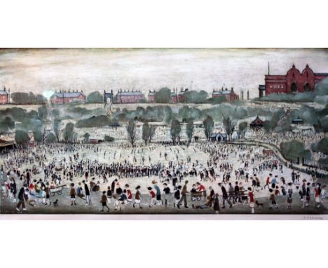 After Laurence Stephen Lowry, Peel Park, limited edition colour print, 76cm x 38cm, blindstamp lower left, signed in pencil l