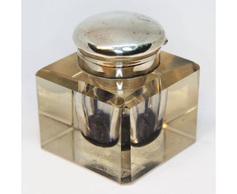 A hallmarked silver top glass inkwell, London 1896, height 6.8cm, width 6cm, depth 6cm.  
