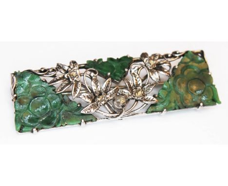 A jade and diamond brooch, white metal unmarked, gross weight 7.9g, length 51mm.  