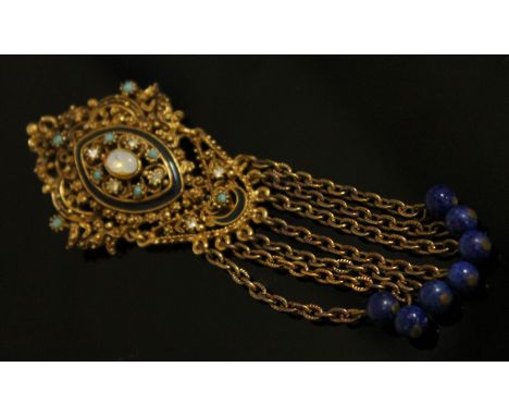A vintage costume drop pendant brooch by Florenza set with turquoise, lapis lazuli and moonstone, length 11cm.  