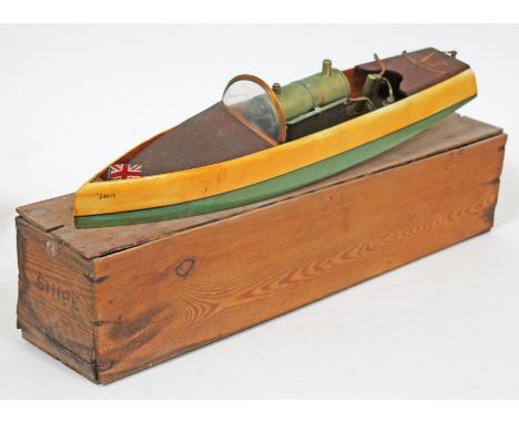 A Hobbies Bowman Snipe live steam model boat with original wooden box.  