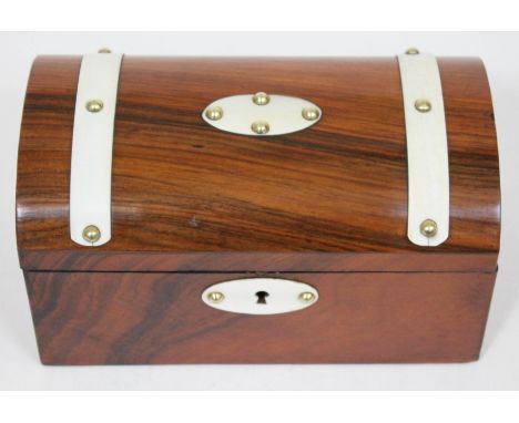 A Victorian walnut and ivorine domed top tea caddy, length 21cm.  