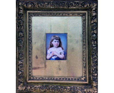 19th century school, miniature portrait on ivory depicting a young girl, 4cm x 5cm, glazed and framed 16.5cm x 18.5cm.  