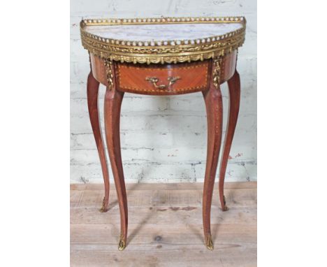 A French gilt metal mounted marble top console table with drawer, width 48cm, depth 23cm &amp; height 74.5cm.  