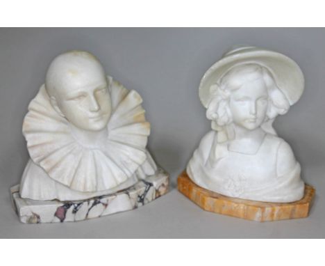 A Goldscheider Art Deco alabaster bust depicting a girl wearing bonnet on veined marble base with Goldscheider plaque to base