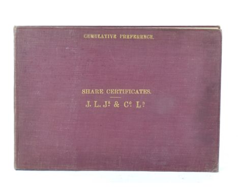A book of 19th Century share certificates for John Lowson Jr &amp; Company Limited, for 5% cumulative preference shares, no.5