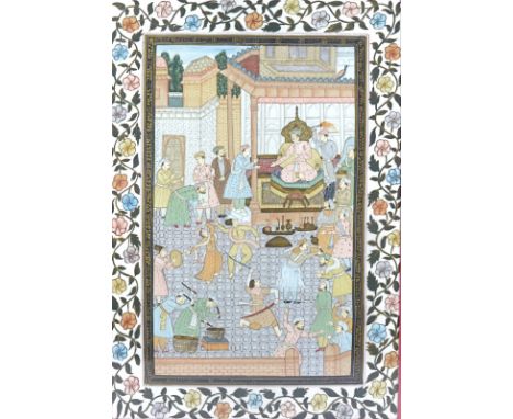 Two oriental paintings, two depicting figures in temples with floral borders, 55cm x 38cm &amp; 48cm x 33cm, together with a 