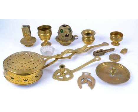 A small quantity of brassware,  to include a nutcracker and serving dish with Shakespeare as a theme, a 1981-2030 small cylin
