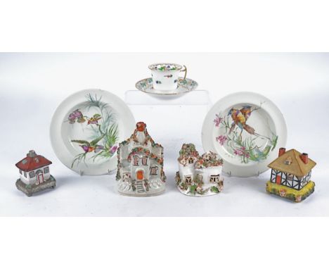 Four 19th Century and later Staffordshire style models of cottages,  the largest a money box and 15cm tall, to include an ear