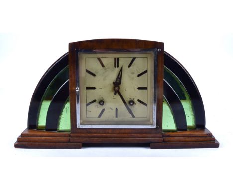 A Garrard Art Deco style mantle clock, square cream dial within an arched oak case with two tone mirrors placed either side, 
