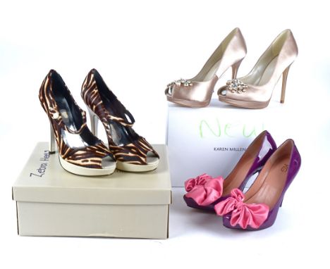 Seven pairs of ladies designer shoes, including a pair of Dune wedges (size 39), a pair of Kurt Geiger black suede boots (siz