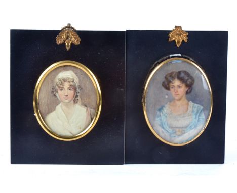 A watercolour miniature portrait study of an Edwardian lady,  in a later ebonised frame, with gilt acorn and oak leaf hanger,