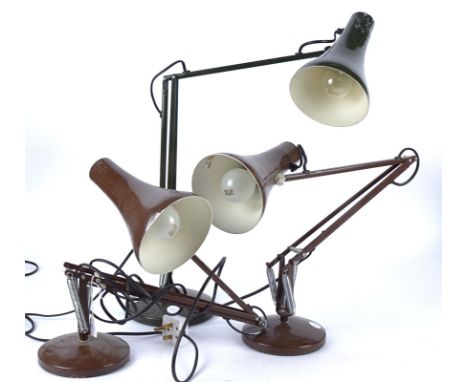Two Herbert Terry &amp; Sons Ltd Anglepoise Lamps in Brown, both with push button ON OFF switches to the back of the head, an