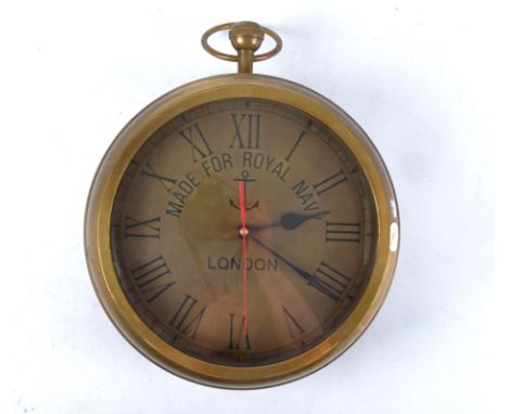 An oversized Brass hanging clock in the form of a pocket watch, with faces to both sides, each impressed with 'Made for the R
