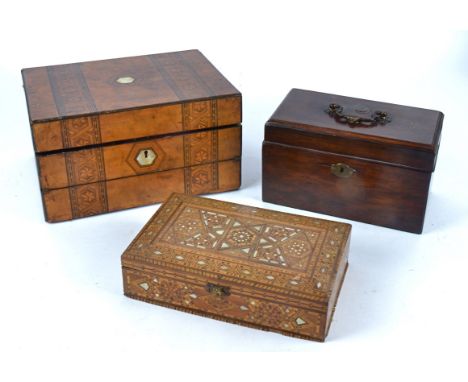 A Victorian rosewood tea caddy, with a handle to the top, together with a writing slope modified into a sewing box and a wood