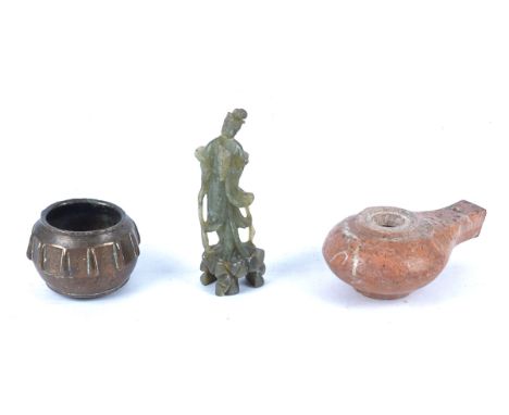 An Asian cast bronze vessel of squat form with rounded base,  approximately 8cm x 9.5cm, together with a marble oil lamp, AF,