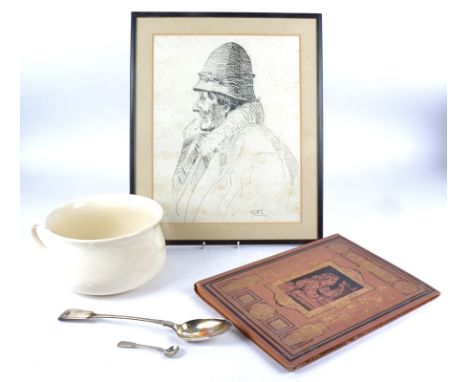 A Victorian scrap book containing various cuttings and small greetings cards, all glued down, together with a ceramic chamber