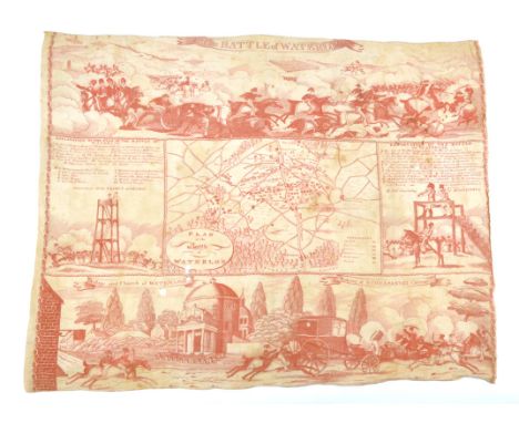 A Georgian handkerchief entitled 'The Battle of Waterloo', c.1815-1820, white cotton printed in red with a spiral twist borde