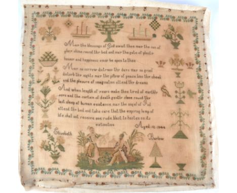 An early Victorian silkwork sampler, in coloured silks in a tiny cross-stitch on a linen ground, with a religious blessing in