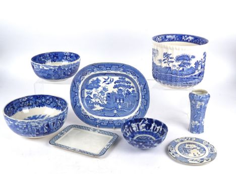 Two Spode 'Blue Tower' planters after an early 19th Century blue and white design,  height 17.5cm together with two John Tams