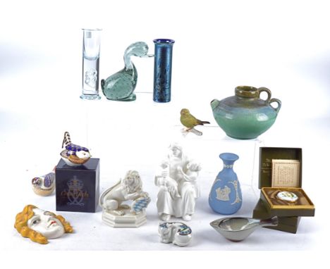 A collection of ceramics and glassware, a studio pottery jug, two boxed Crummles enamel pots, a Goebel bird, a Royal Crown De