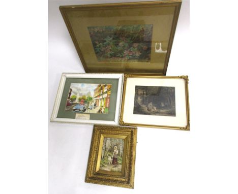 A porcelain tile panel hand painted with a design of a young girl and dog in woodland,  framed, internal dimensions 19cm x 11