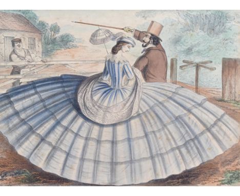 A 19th Century comical print, mocking ladies fashion, 22.5cm x 30cm