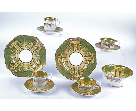 Thirty five pieces of late 19th Century Spode Felspar porcelain,  in a pale yellow and sage green colourway decorated with gr