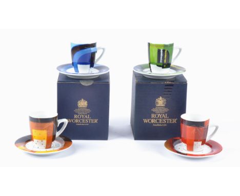 Govinder Nazran (1964-2008) for Royal Worcester,  four coffee cups and saucers, boxed, from the Cats Collection, 'Bill &amp; 