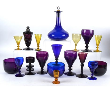 A small collection of 19th and 20th Century coloured glassware in amethyst, amber and Bristol blue,  to include three amethys